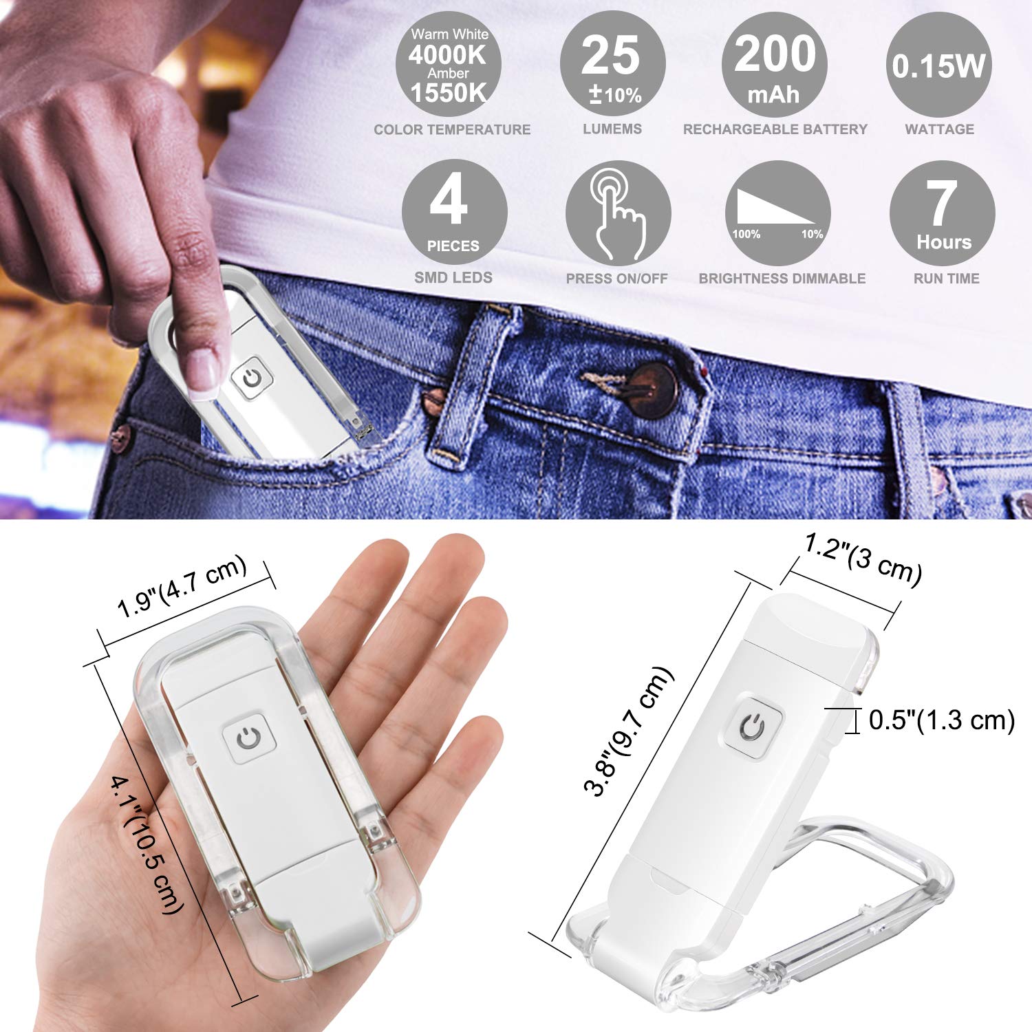 Rechargeable LED Book Light with Dimmable Warm White & Amber Modes view 6