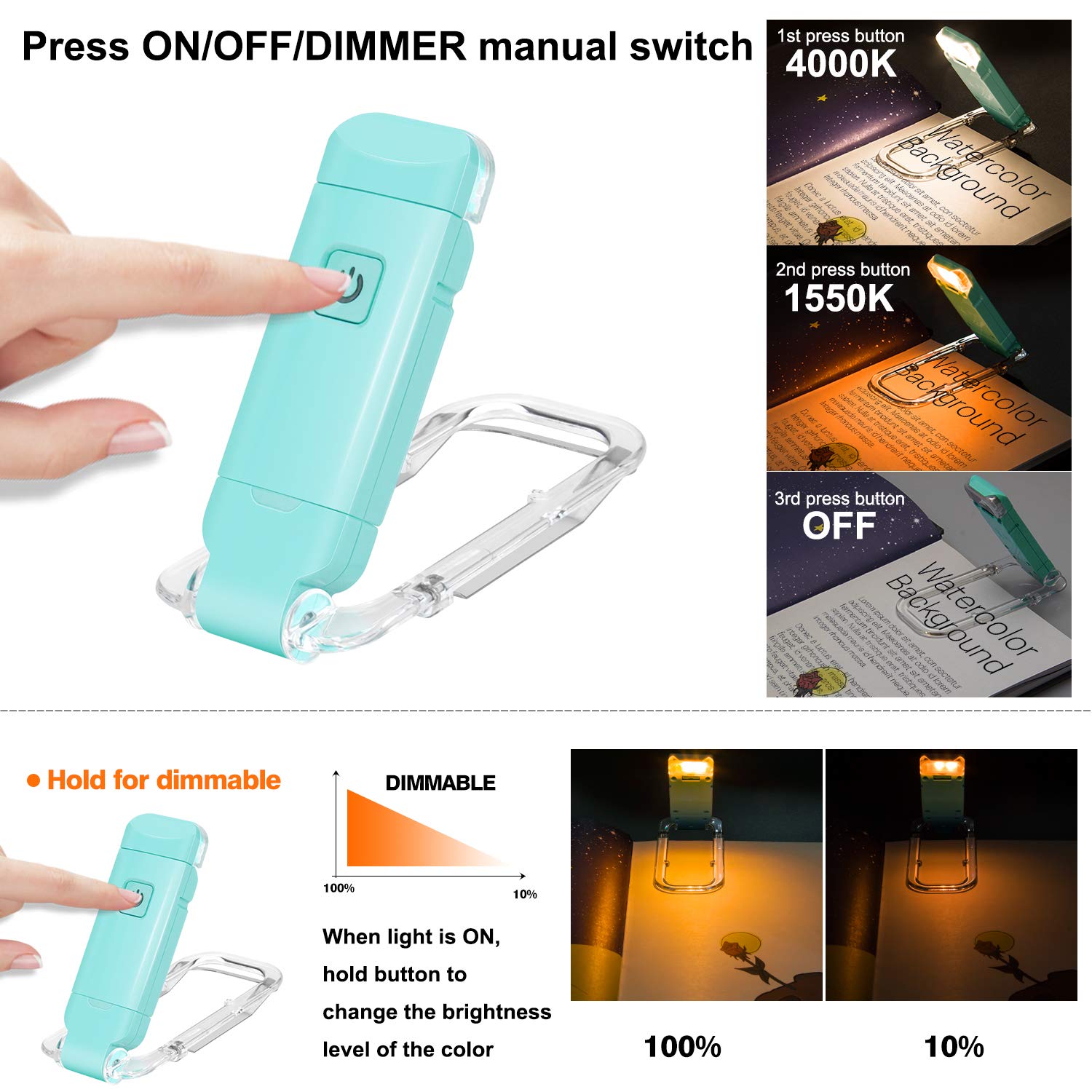 Rechargeable LED Book Light with Dimmable Warm White & Amber Modes view 3