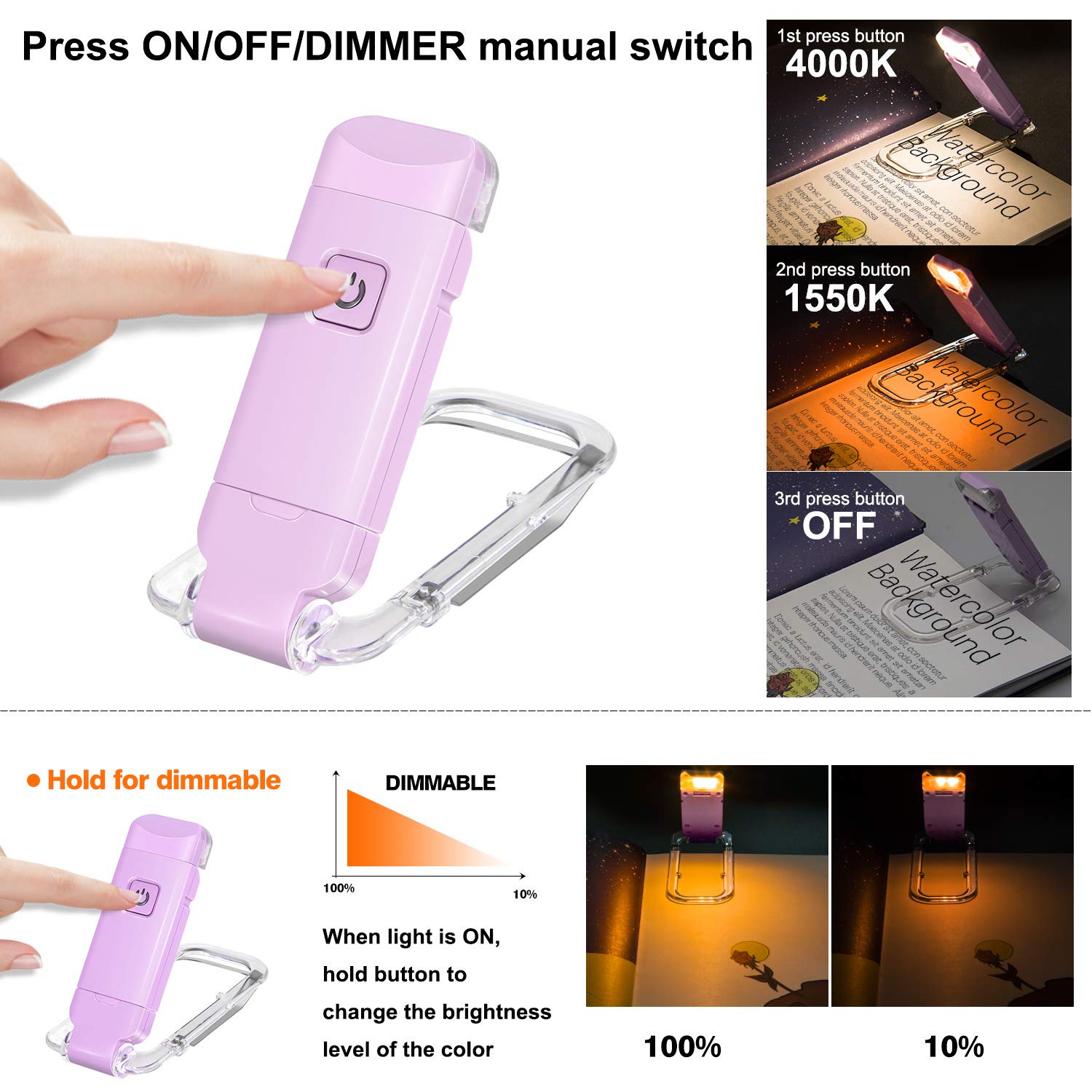Rechargeable LED Book Light with Dimmable Warm White & Amber Modes view 3