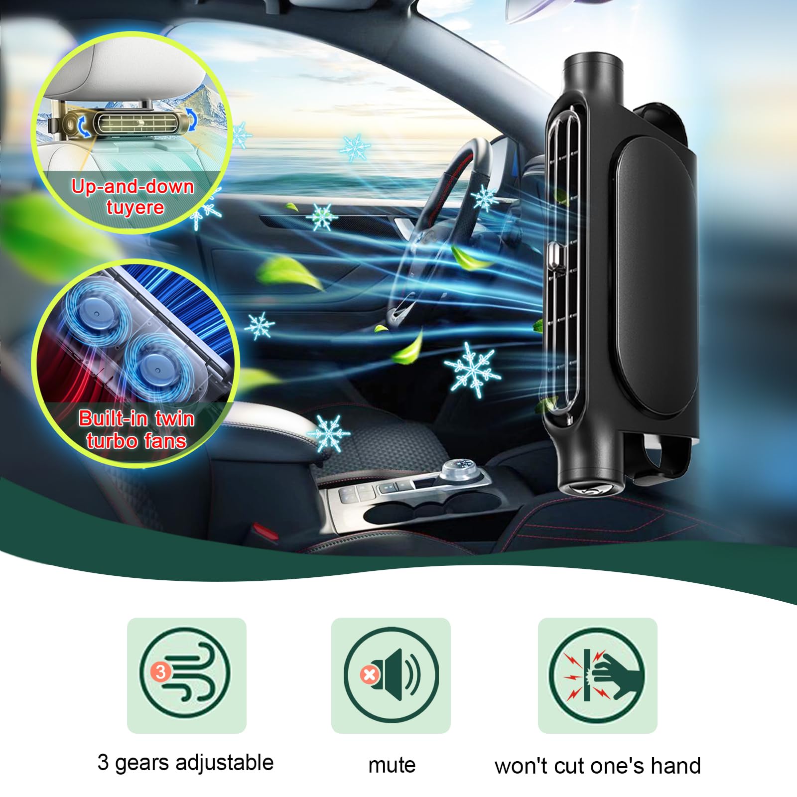 Car Seat Cooling Fan with USB Power – Portable Headrest Ventilator for Front & view 2
