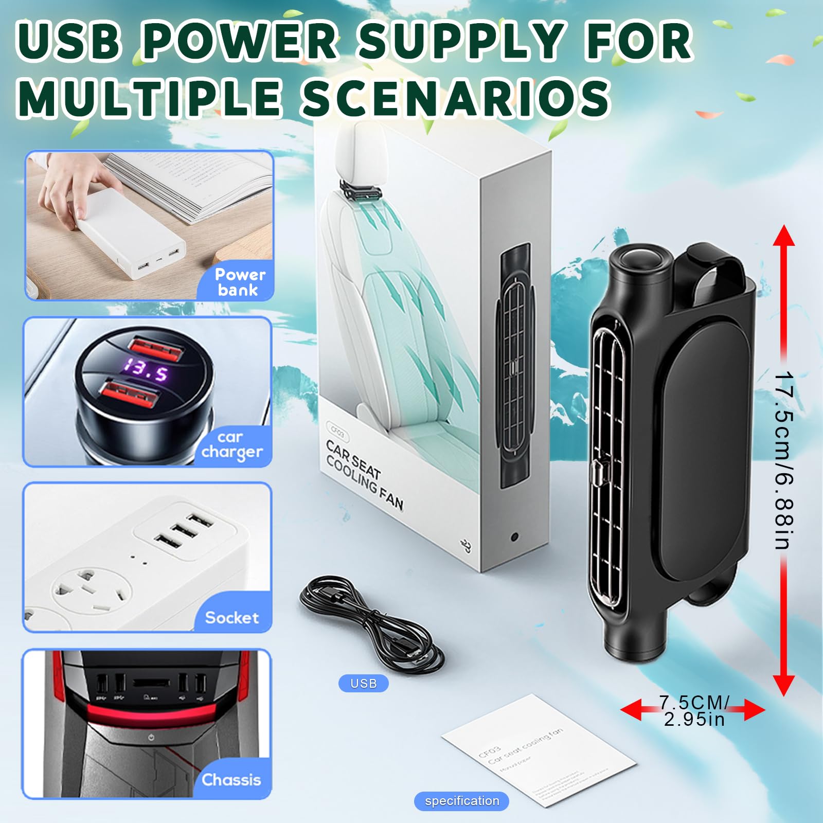 Car Seat Cooling Fan with USB Power – Portable Headrest Ventilator for Front & view 5