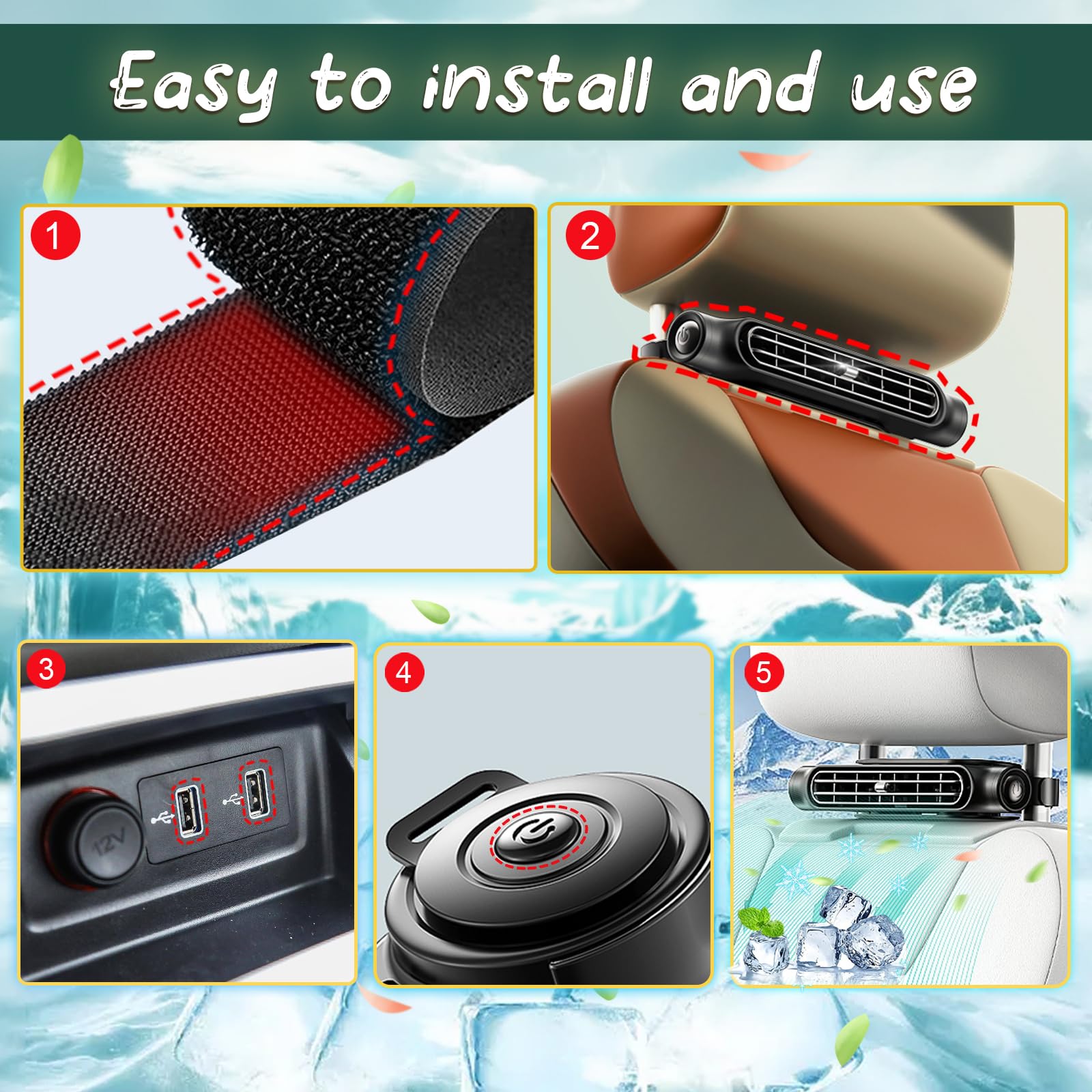 Car Seat Cooling Fan with USB Power – Portable Headrest Ventilator for Front & view 6