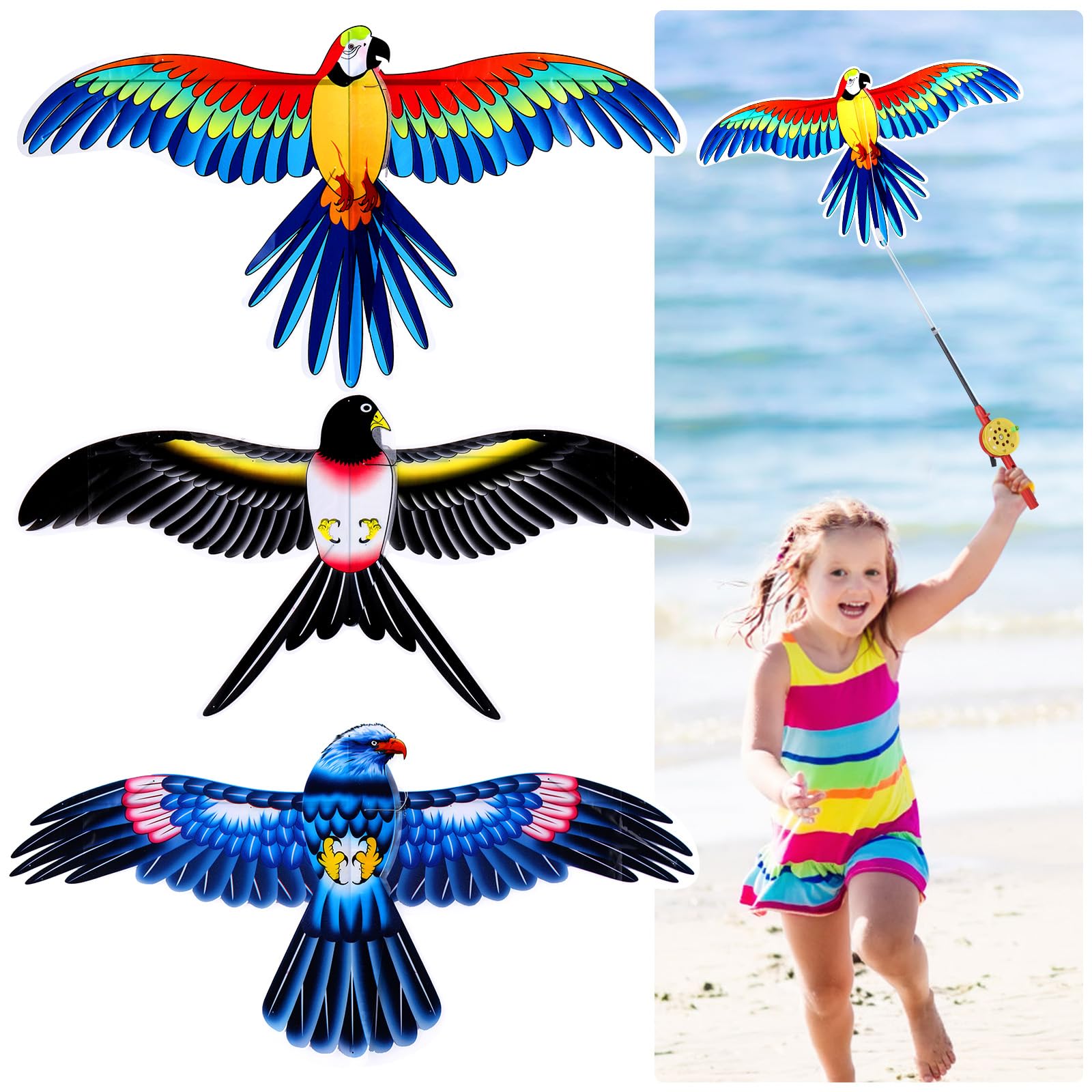 Kids’ Mini Fishing-Rod Kite Set – 3-Pack Bird Designs