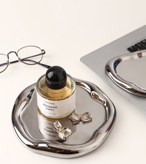 Silver Plated Ceramic Tray Set (Round & Long Shapes) – Minimalist Luxury view 2