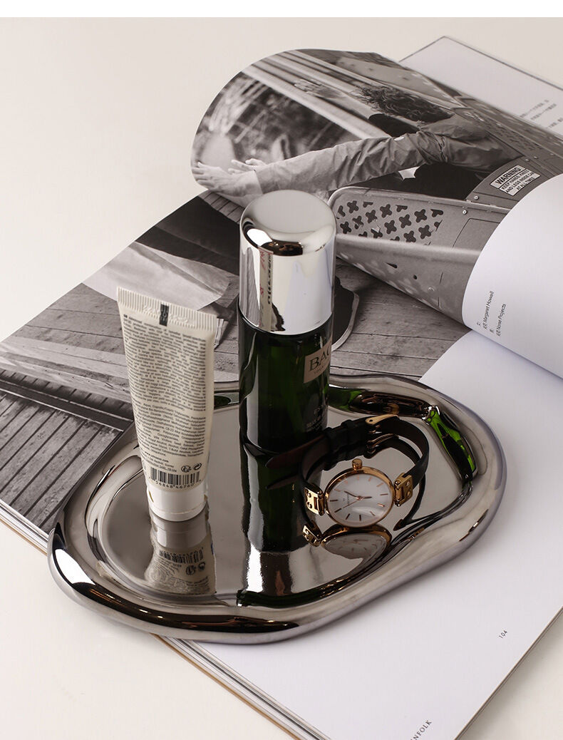 Silver Plated Ceramic Tray Set (Round & Long Shapes) – Minimalist Luxury view 3