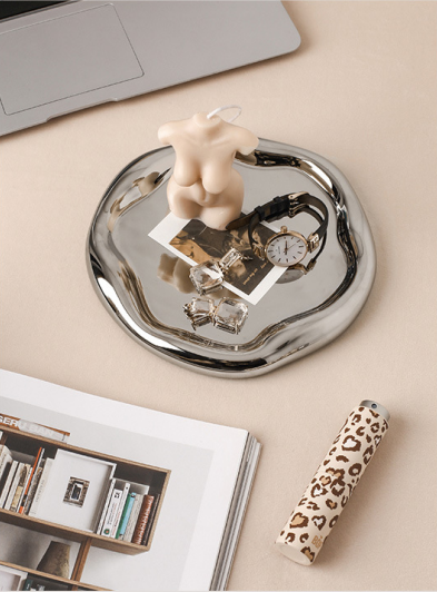 Silver Plated Ceramic Tray Set (Round & Long Shapes) – Minimalist Luxury view 4