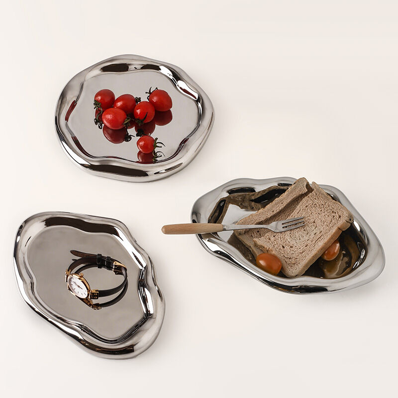 Silver Plated Ceramic Tray Set (Round & Long Shapes) – Minimalist Luxury view 5