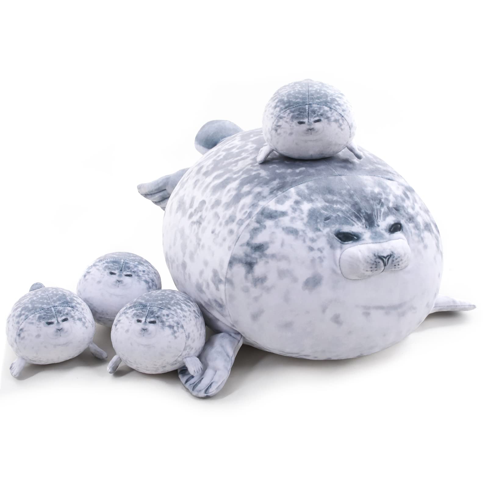 Gray Chubby Seal Plush Pillow with 4 Baby Seals Inside: Soft Stuffed Animal