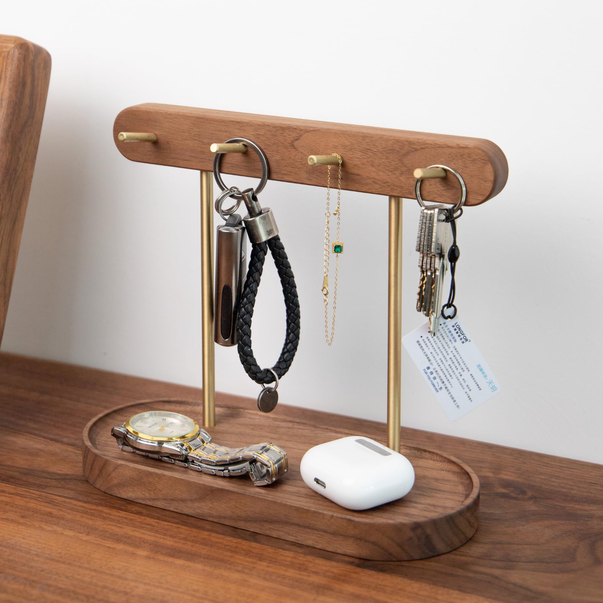 Modern Walnut Wood Key Holder with Brass Hooks – Desktop Organizer for Keys view 2