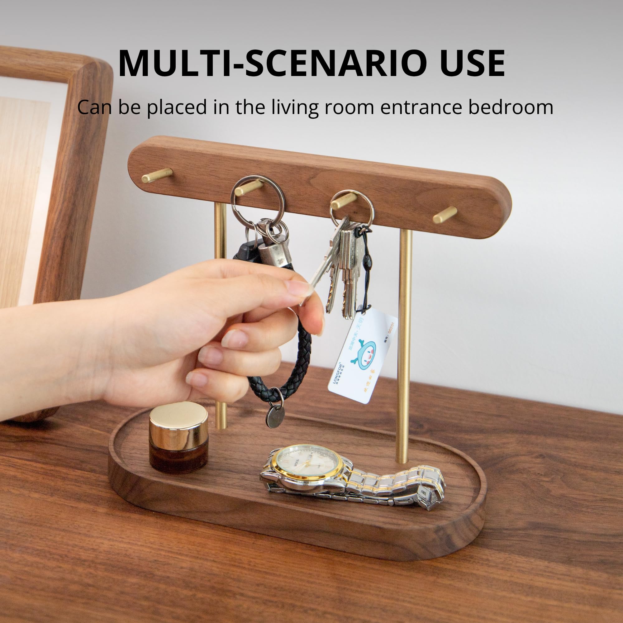 Modern Walnut Wood Key Holder with Brass Hooks – Desktop Organizer for Keys view 3