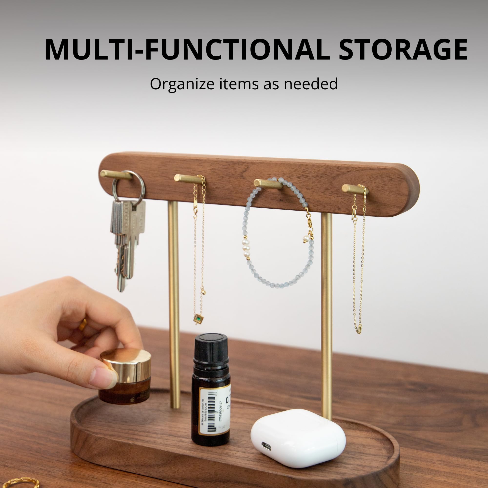 Modern Walnut Wood Key Holder with Brass Hooks – Desktop Organizer for Keys view 4