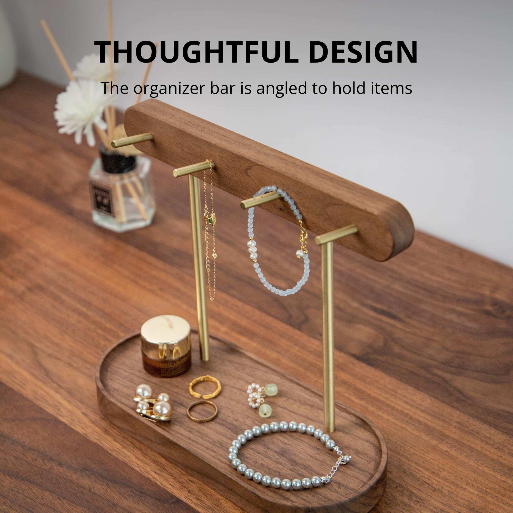 Modern Walnut Wood Key Holder with Brass Hooks – Desktop Organizer for Keys view 5