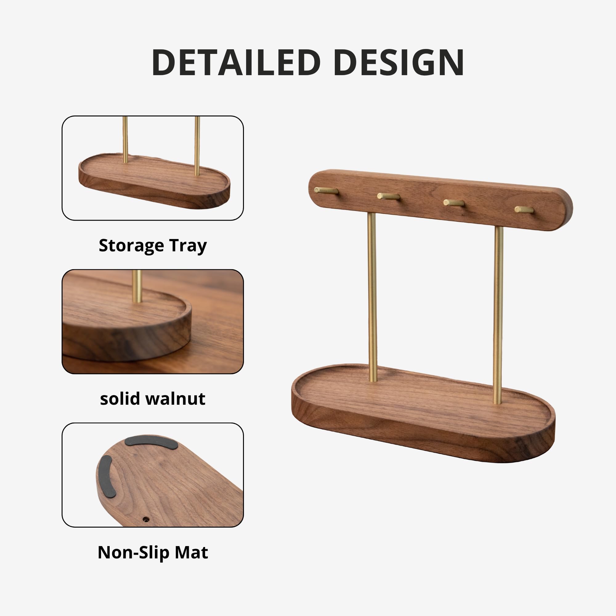 Modern Walnut Wood Key Holder with Brass Hooks – Desktop Organizer for Keys view 6