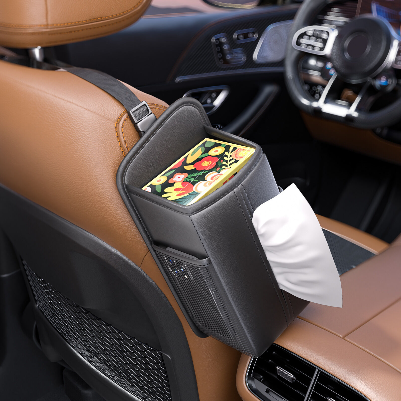 Car Seat Storage Organizer: Side-Mount Tissue Holder with Mesh Pockets — image 1