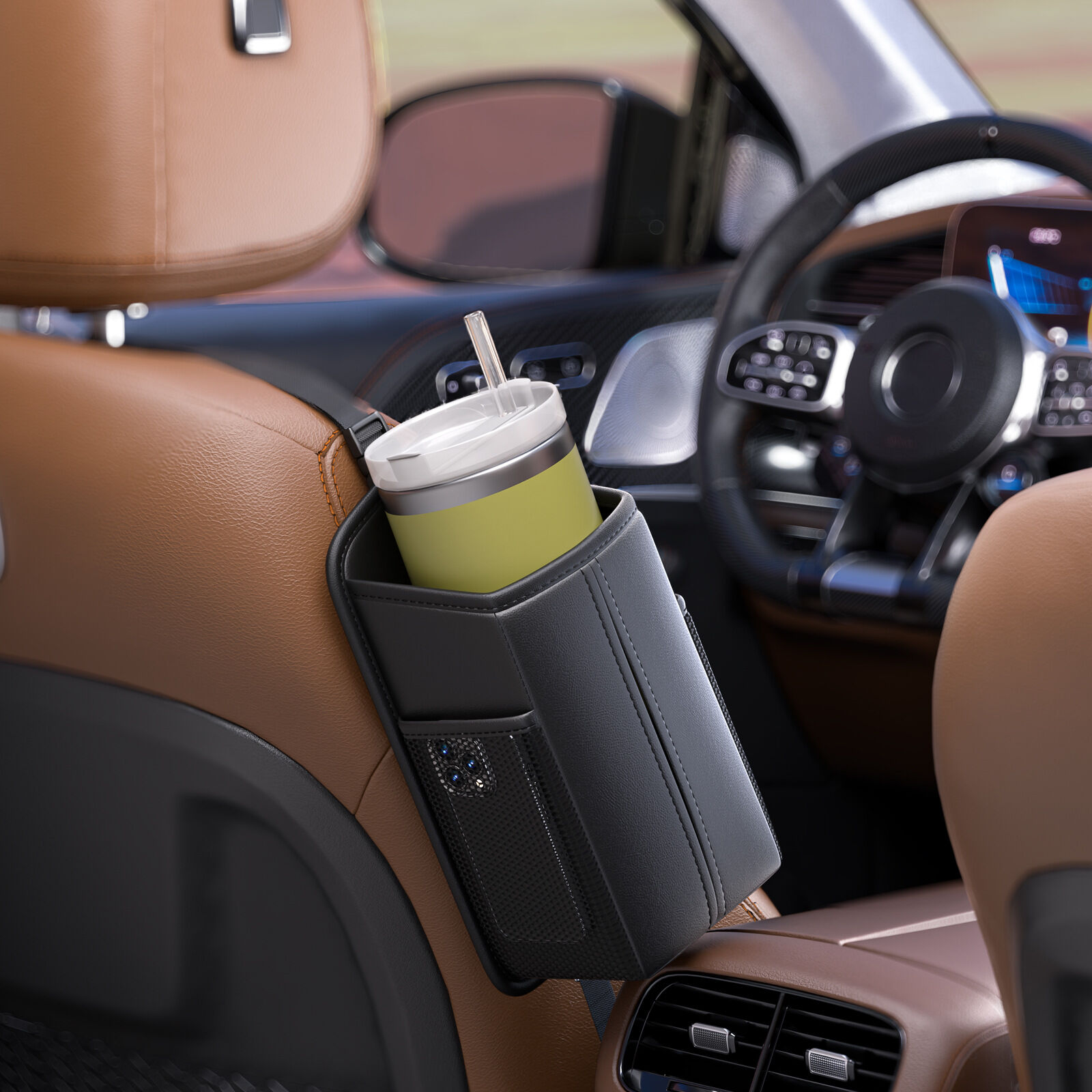 Car Seat Storage Organizer: Side-Mount Tissue Holder with Mesh Pockets view 2