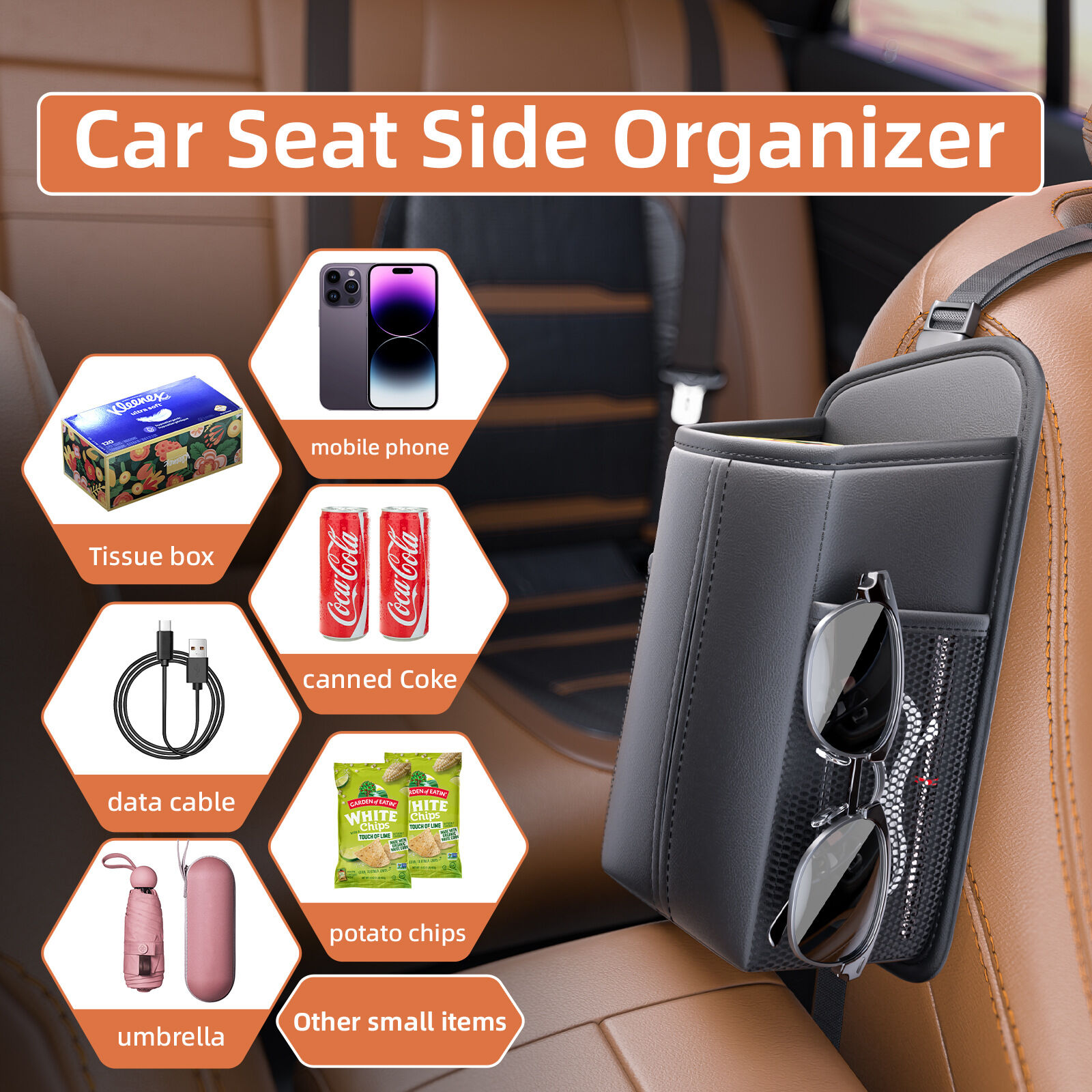 Car Seat Storage Organizer: Side-Mount Tissue Holder with Mesh Pockets view 5