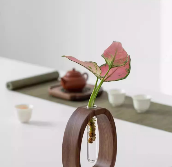 Wooden Glass Hydroponic Vase – Minimalist Desktop Flower Vase for Water Plants view 3