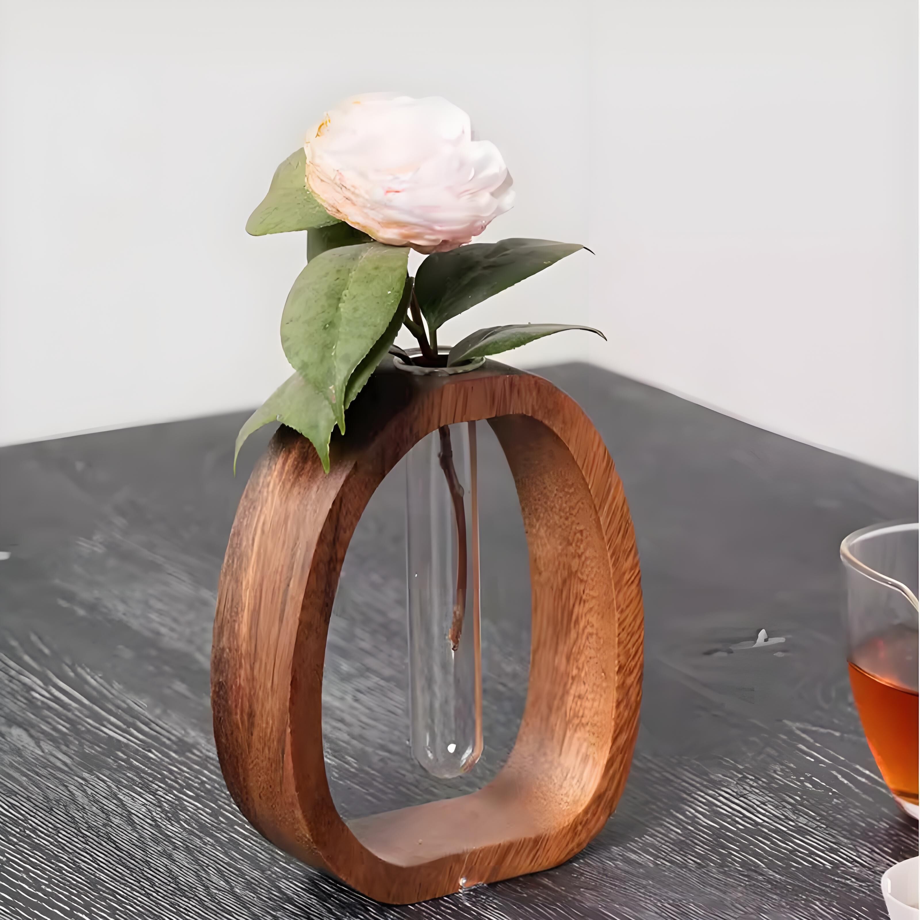 Wooden Glass Hydroponic Vase – Minimalist Desktop Flower Vase for Water Plants view 4