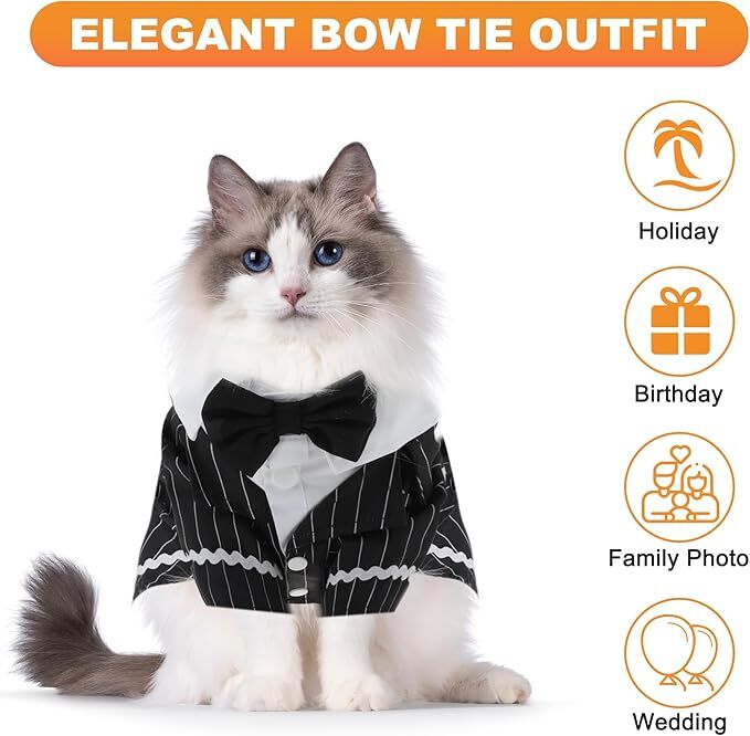 pet products Dog Cat Tuxedo Suit with Bow Tie - Formal Black & White Striped view 5