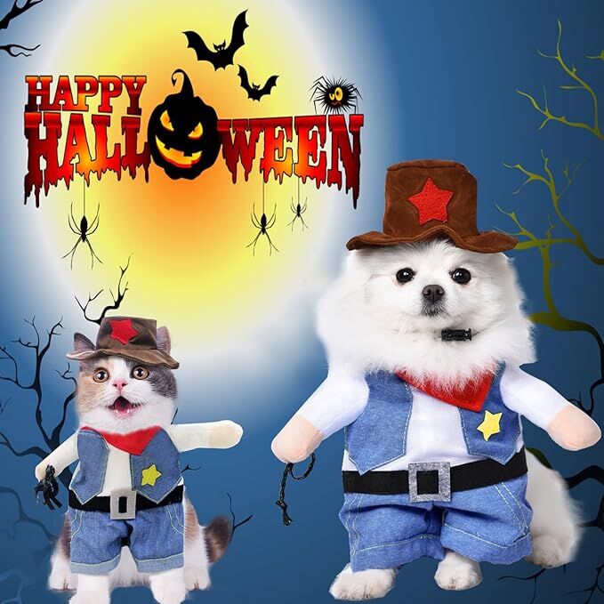 pet products Small Dog Cowboy Costume with Hat 2pcs Funny Halloween Chucky view 4