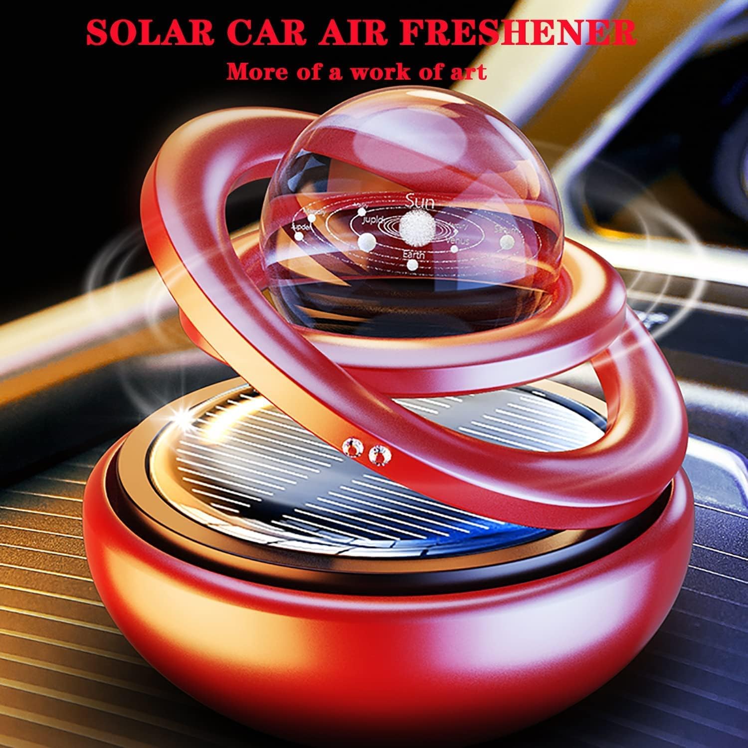 Red Solar-Powered Rotating Car Air Freshener: Space-Themed Dashboard Decor view 6