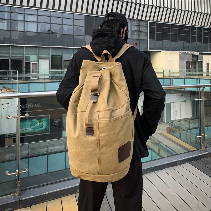 Canvas Travel Backpack with Bucket Design Khaki view 2