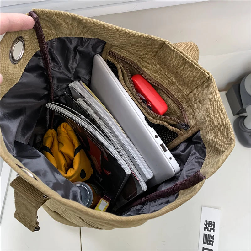 Canvas Travel Backpack with Bucket Design Khaki view 3