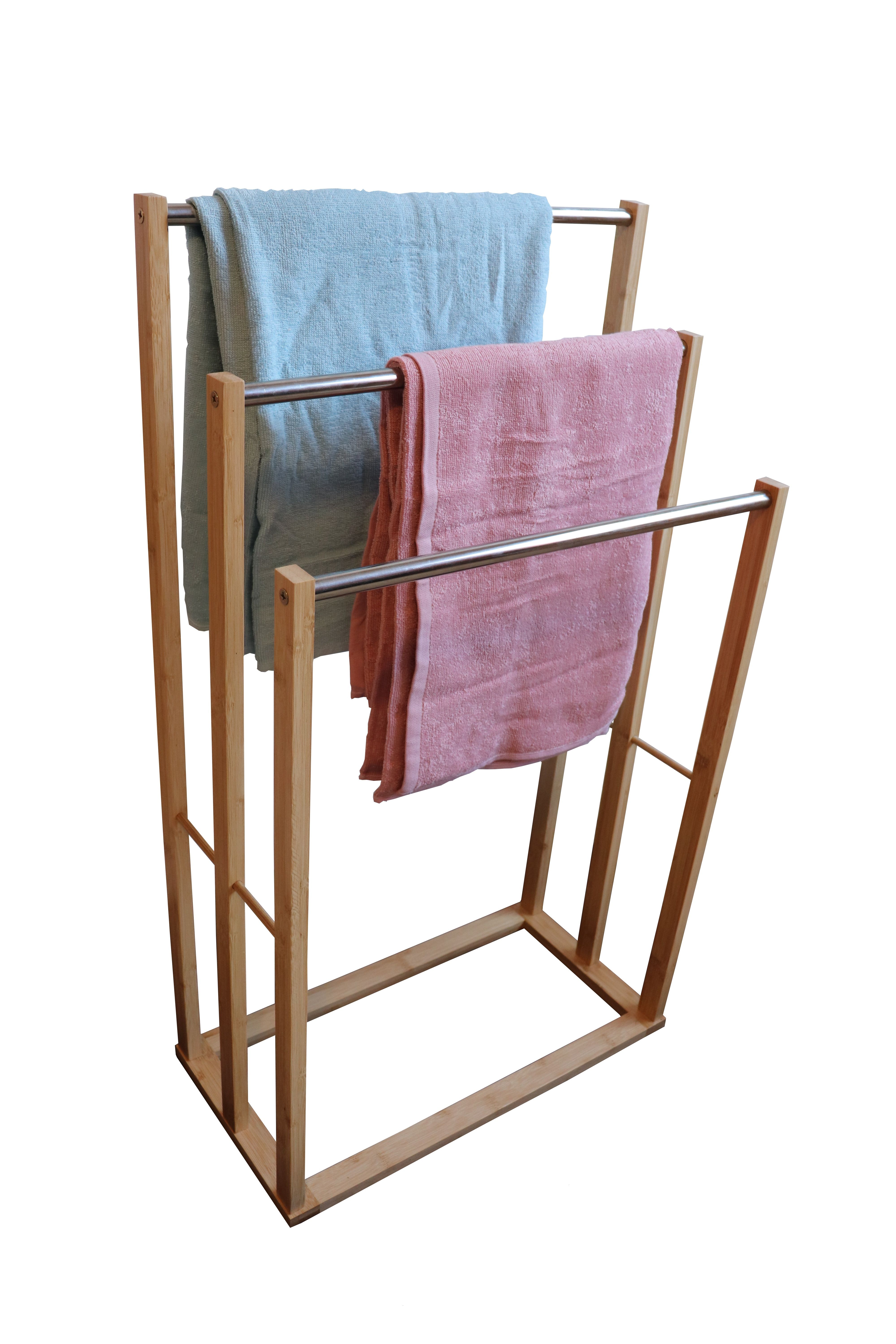 Bamboo Towel Bar Metal Holder Rack 3-Tier Freestanding for Bathroom and Bedroom view 2