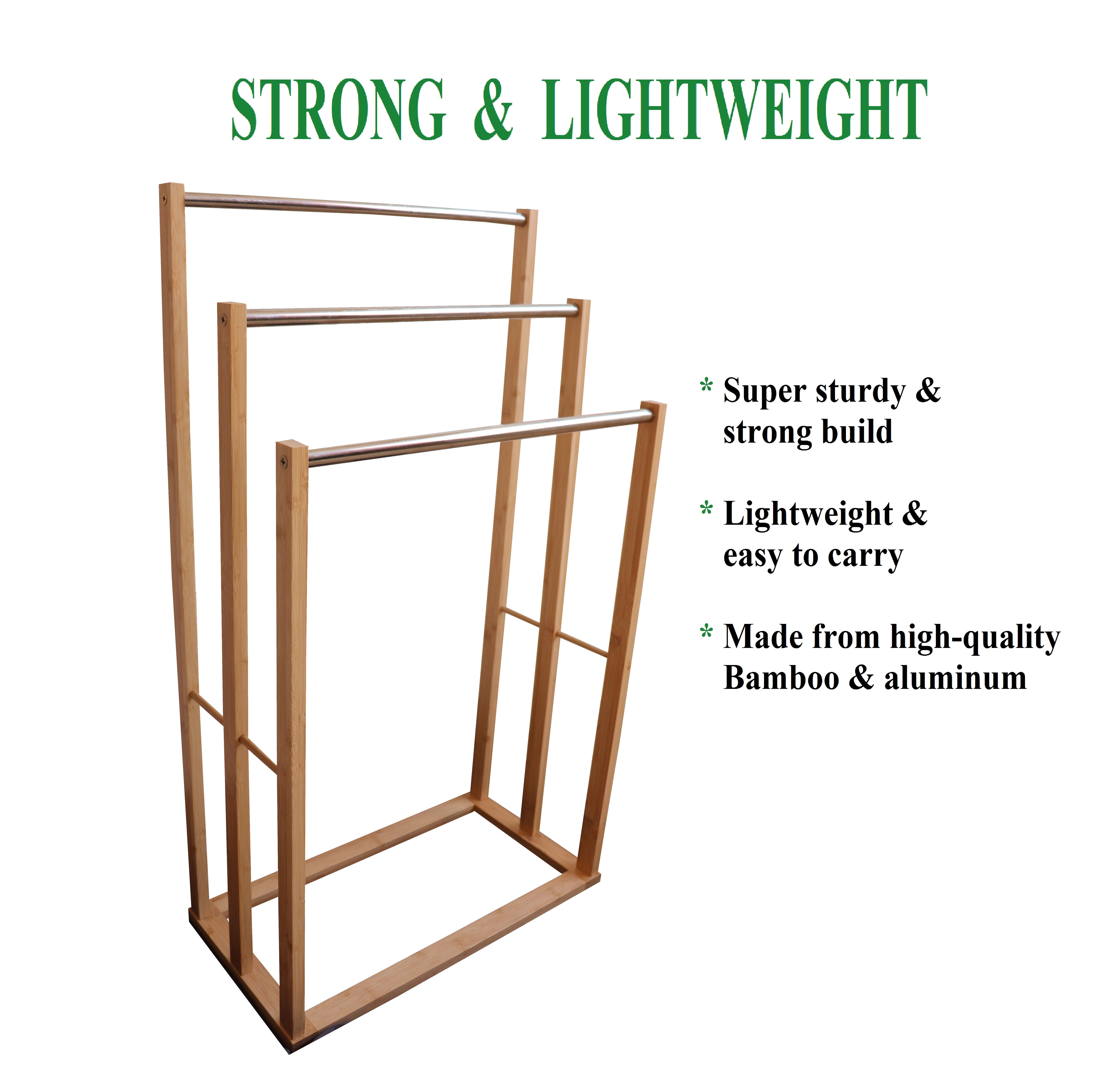 Bamboo Towel Bar Metal Holder Rack 3-Tier Freestanding for Bathroom and Bedroom view 8