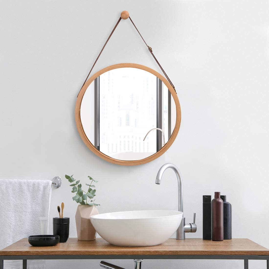 Hanging Round Wall Mirror 45 cm - Solid Bamboo Frame and Adjustable Leather view 2