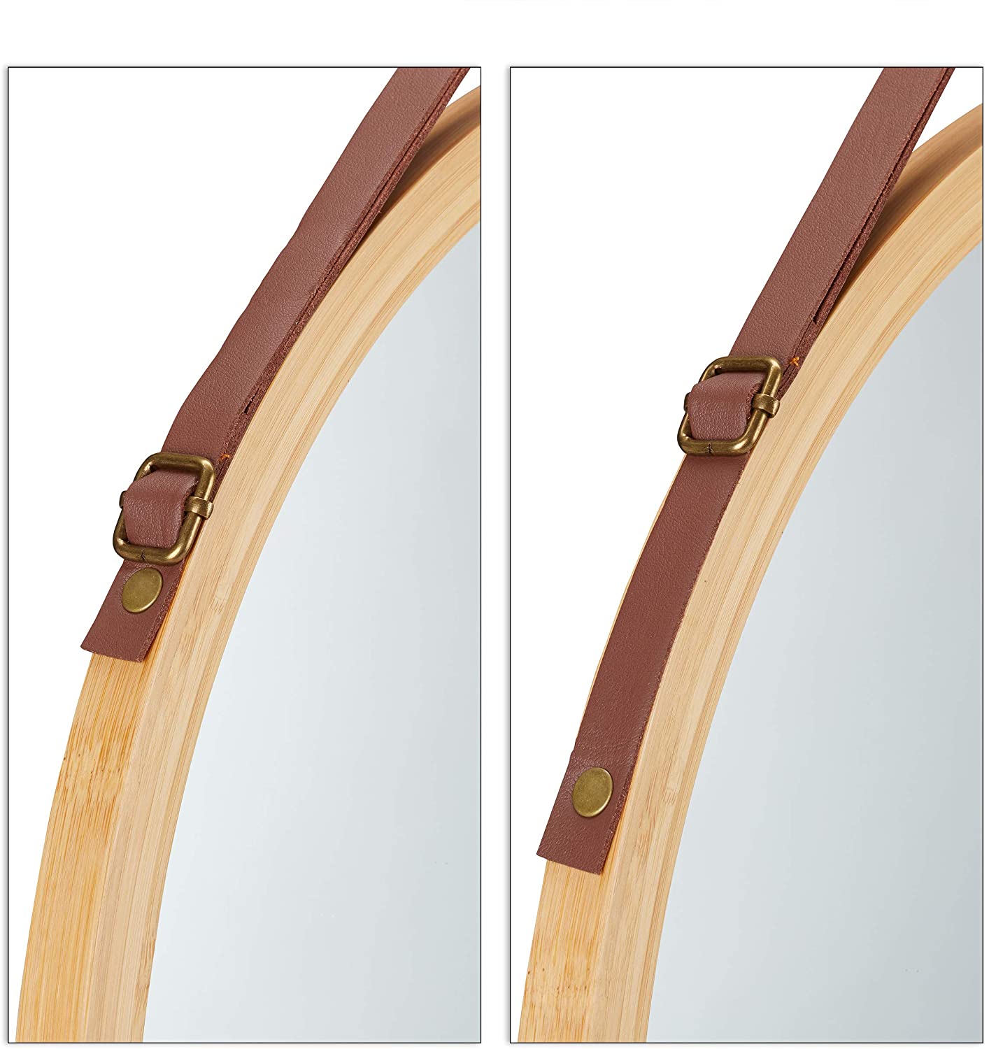 Hanging Round Wall Mirror 45 cm - Solid Bamboo Frame and Adjustable Leather view 4