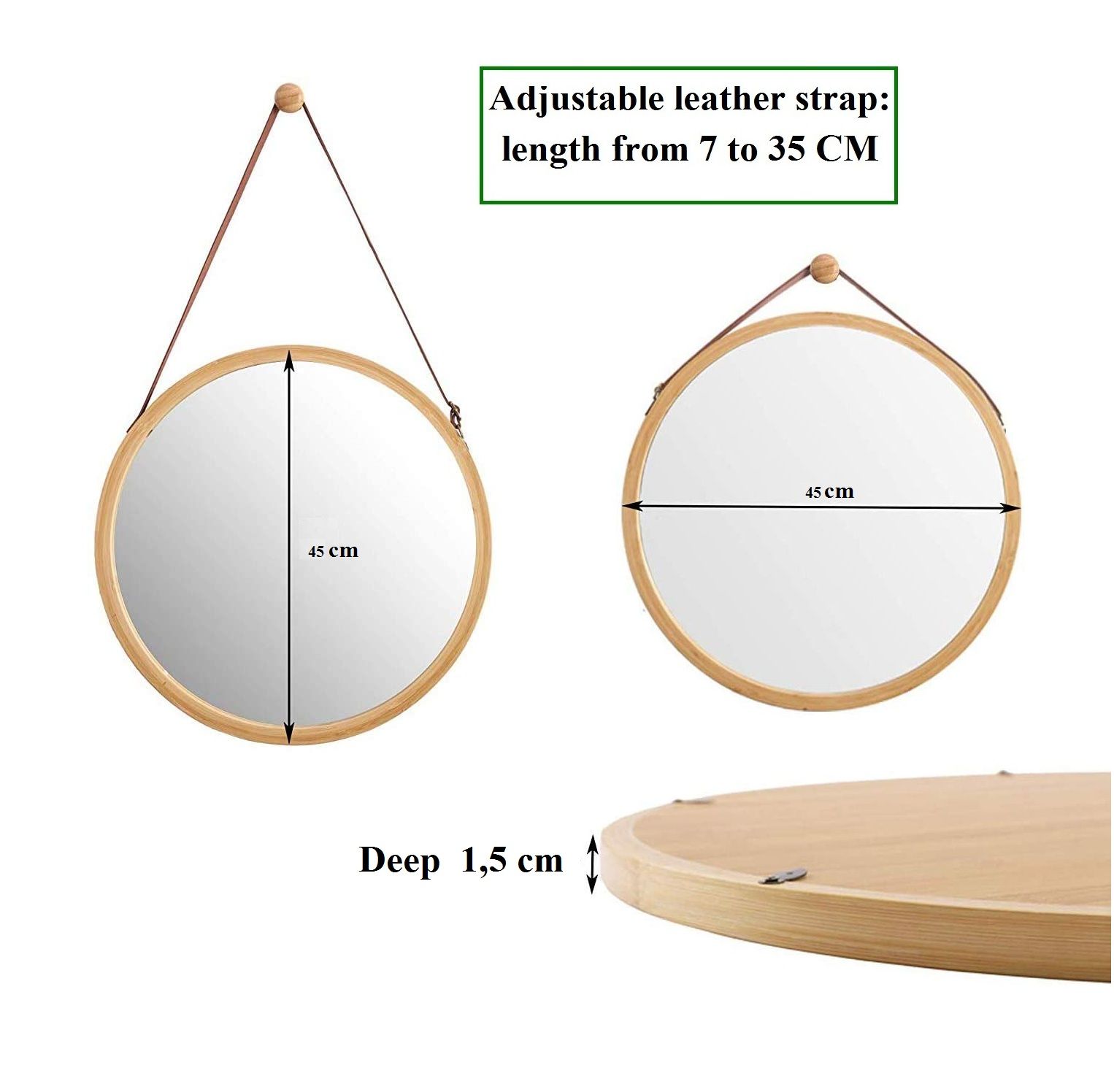 Hanging Round Wall Mirror 45 cm - Solid Bamboo Frame and Adjustable Leather view 7