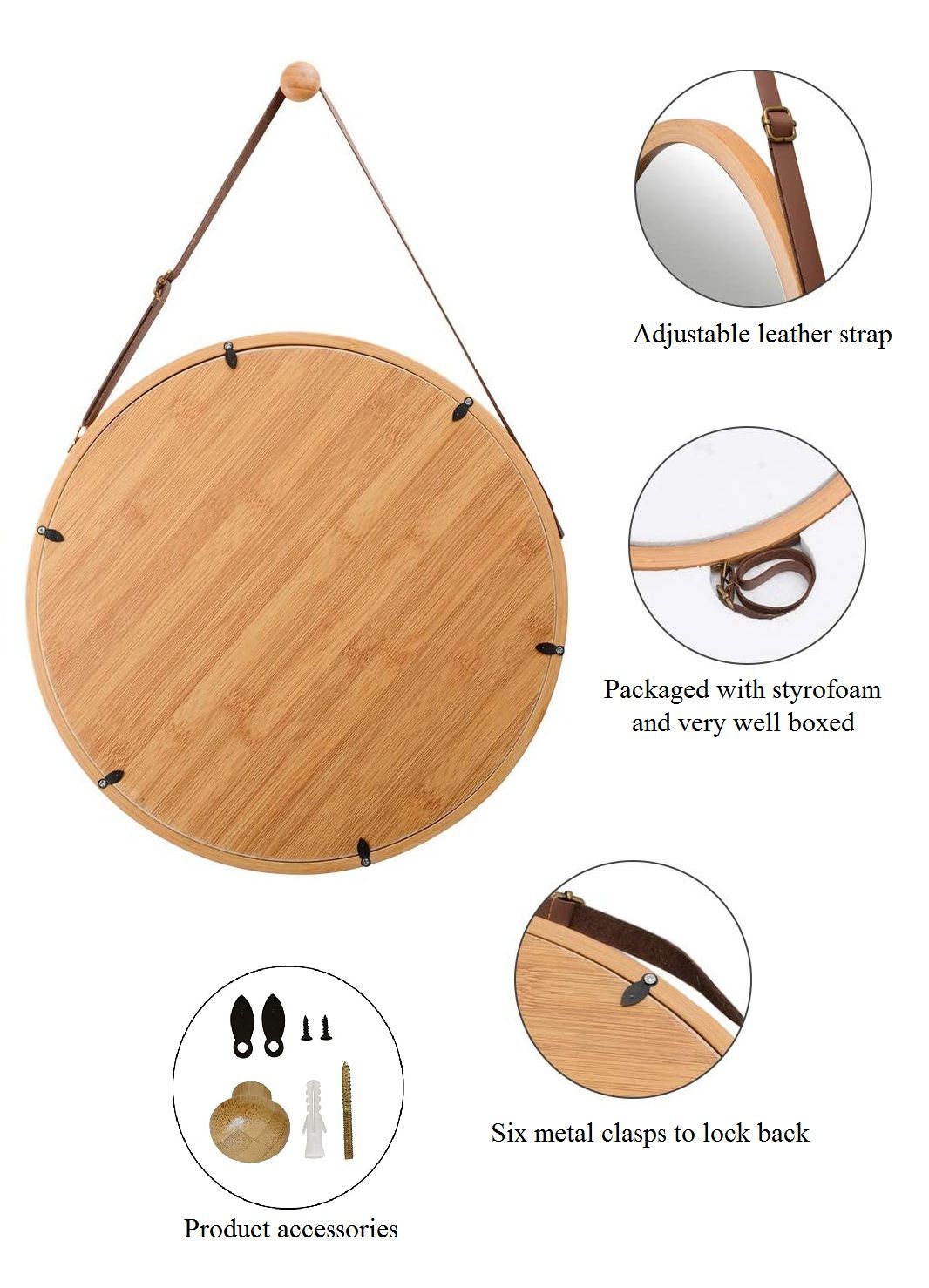 Hanging Round Wall Mirror 45 cm - Solid Bamboo Frame and Adjustable Leather view 8