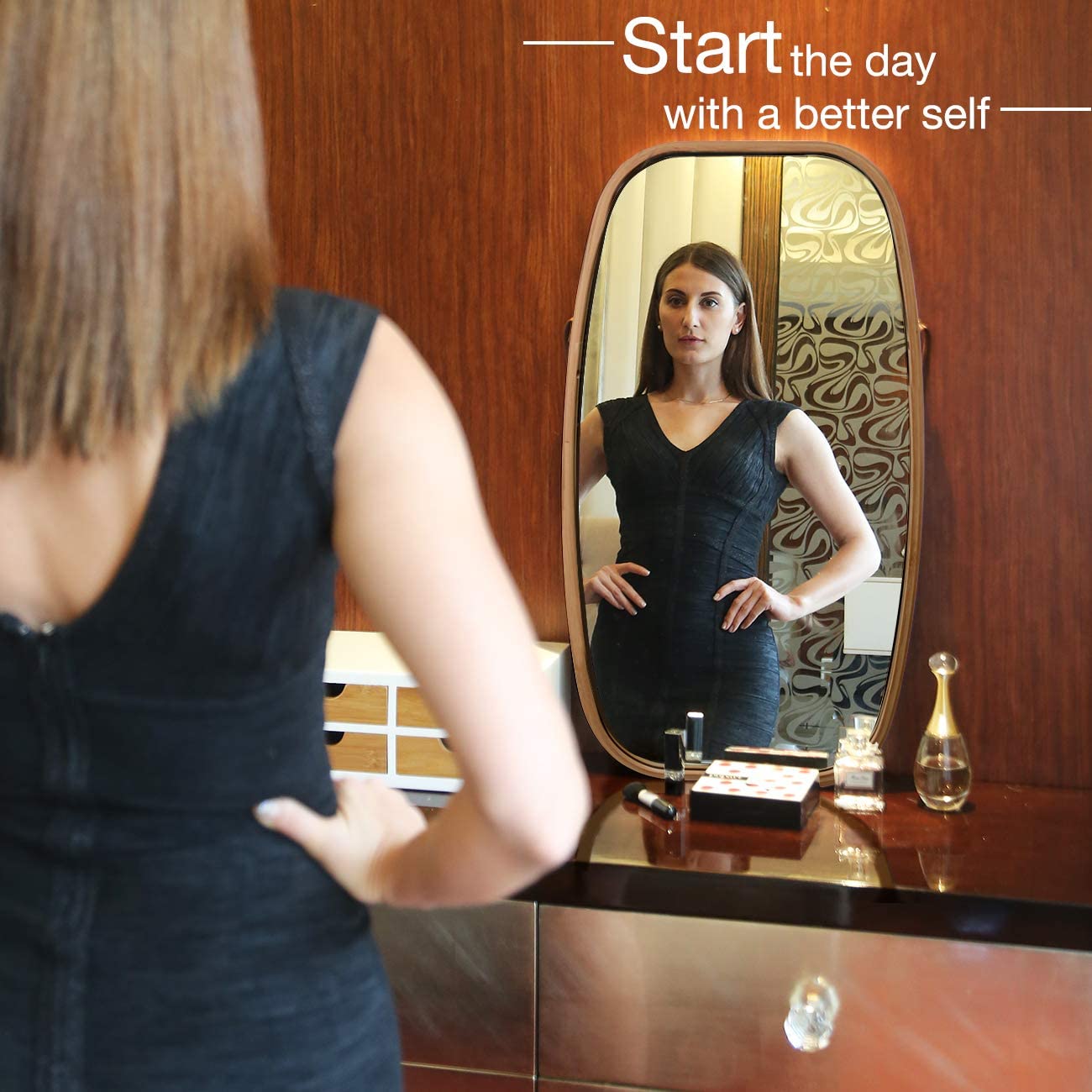 Hanging Full Length Wall Mirror - Solid Bamboo Frame and Adjustable Leather view 3