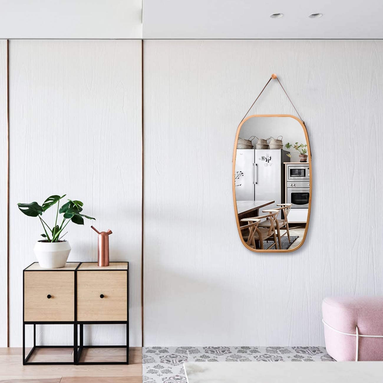 Hanging Full Length Wall Mirror - Solid Bamboo Frame and Adjustable Leather view 5