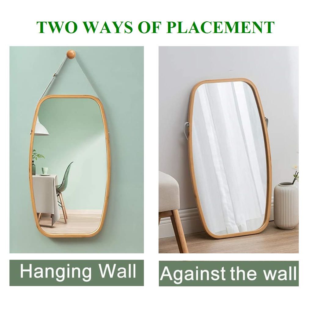 Hanging Full Length Wall Mirror - Solid Bamboo Frame and Adjustable Leather view 6