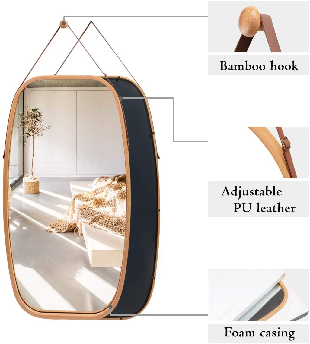 Hanging Full Length Wall Mirror - Solid Bamboo Frame and Adjustable Leather view 7