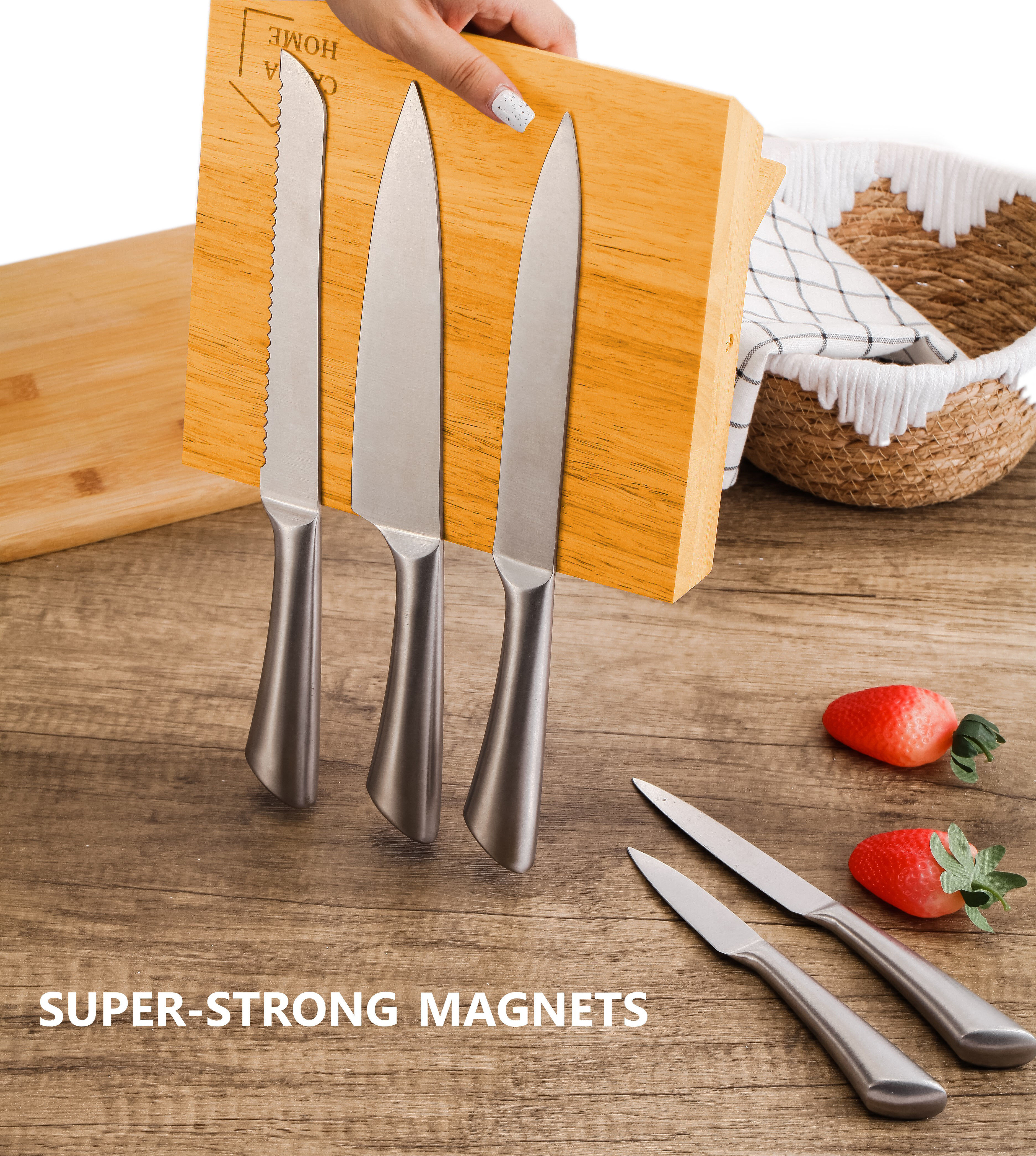 Natural Bamboo Magnetic Knife Block Holder with Strong Magnets for Home view 2