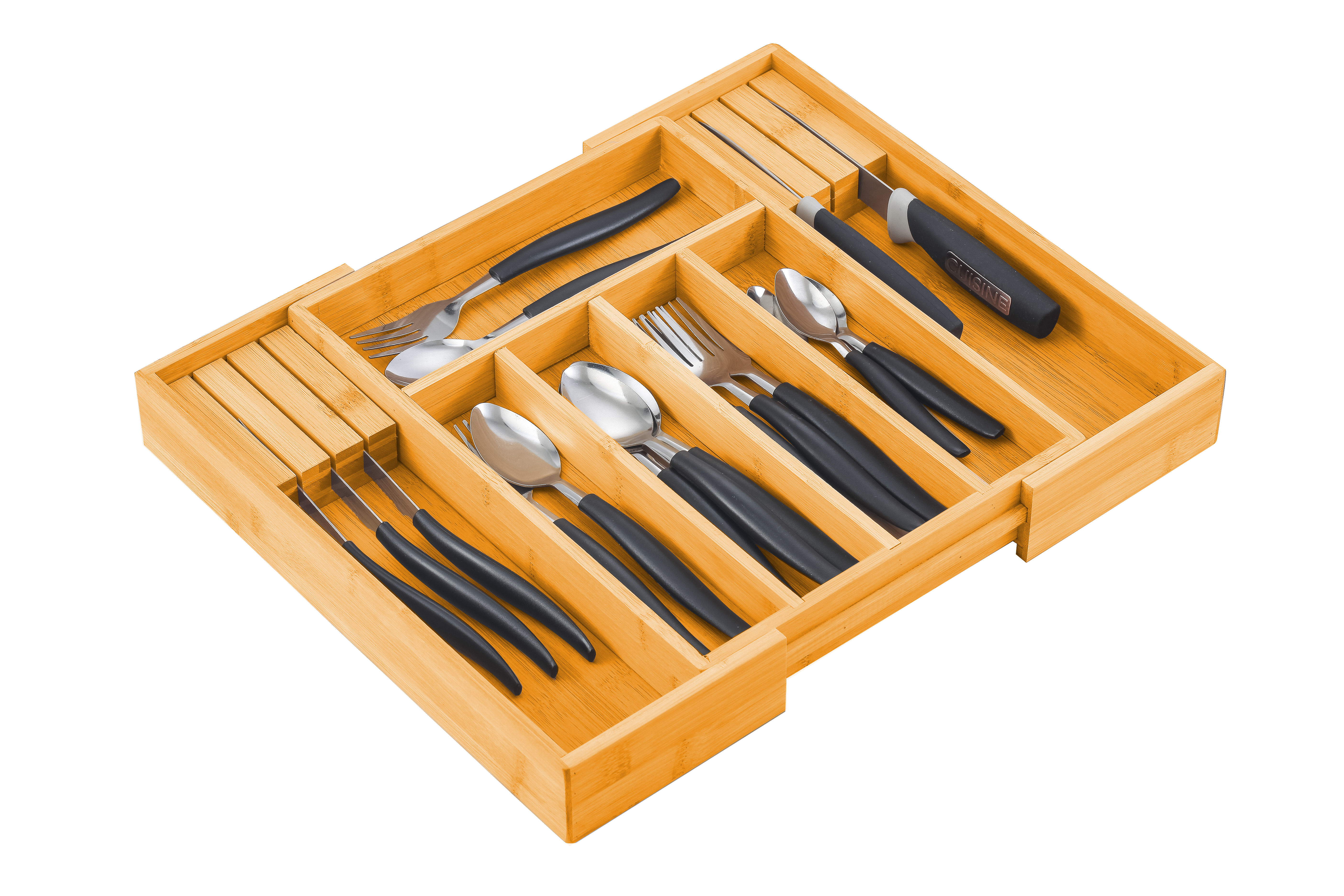 Large Capacity Bamboo Expandable Drawer Organizer with Knife Block Holder for
