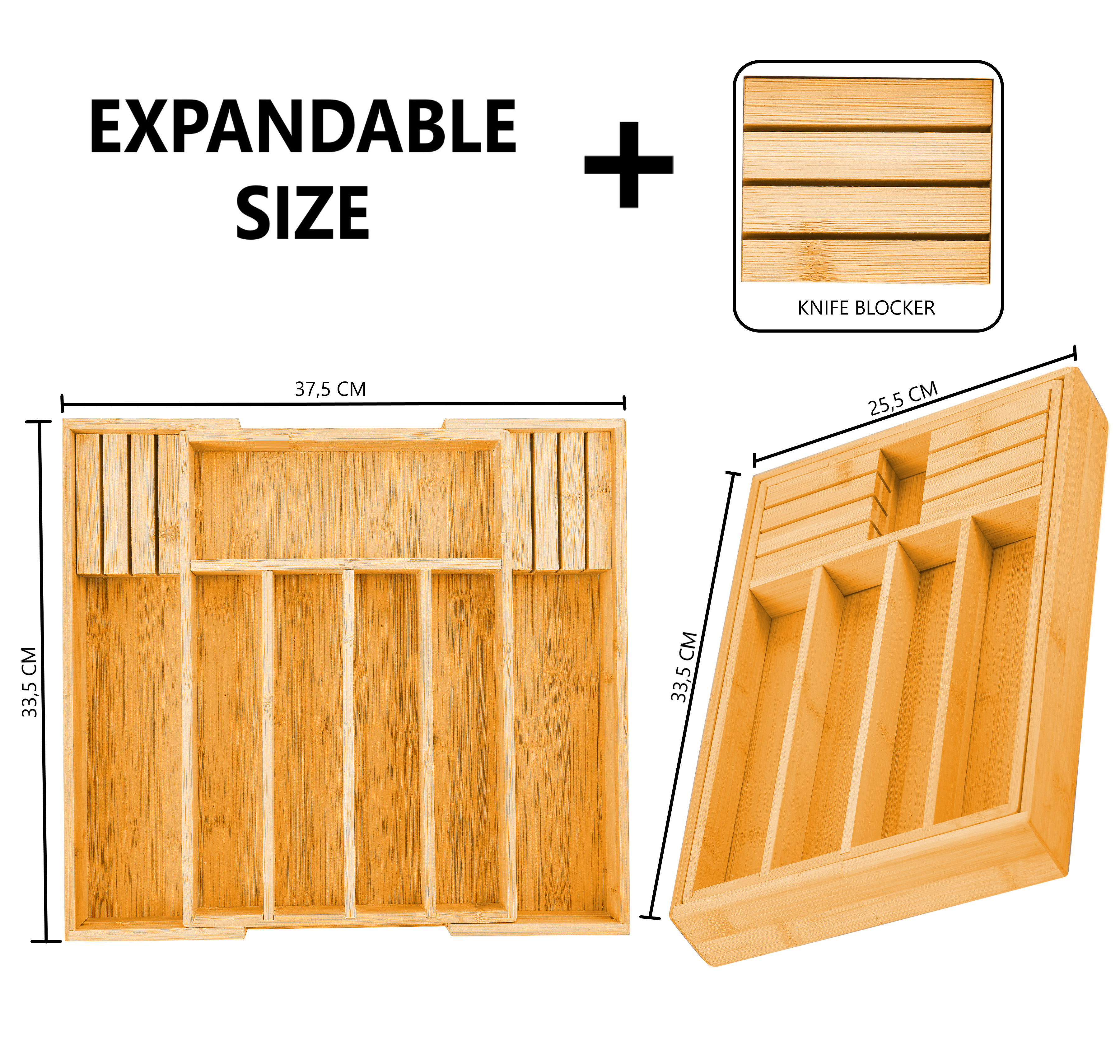 Large Capacity Bamboo Expandable Drawer Organizer with Knife Block Holder for view 2