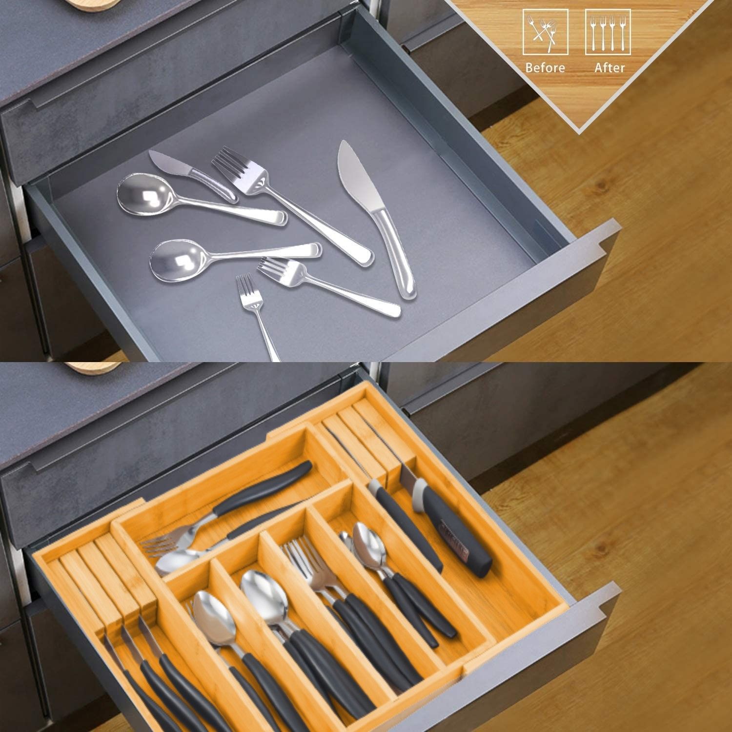Large Capacity Bamboo Expandable Drawer Organizer with Knife Block Holder for view 3