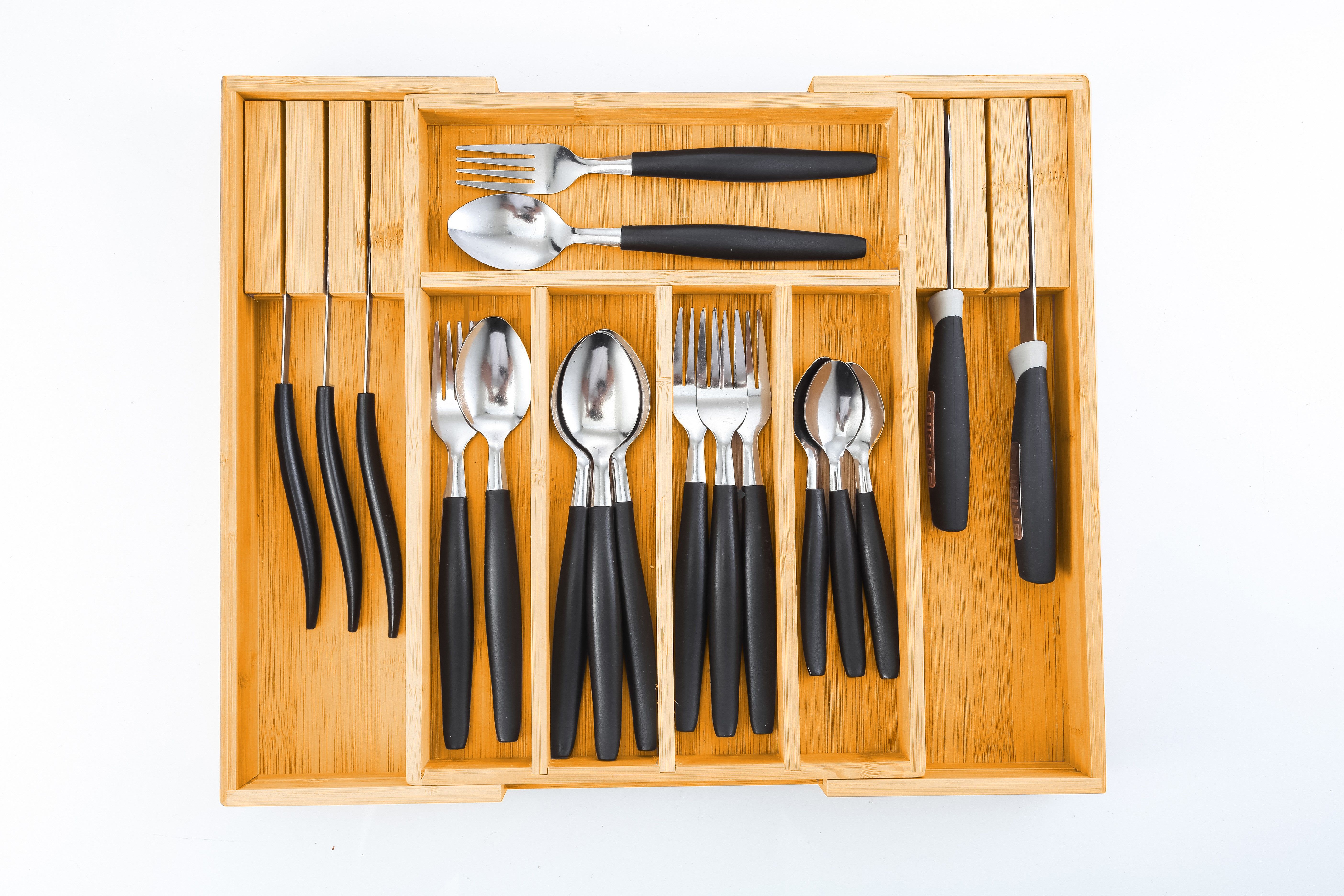 Large Capacity Bamboo Expandable Drawer Organizer with Knife Block Holder for view 4