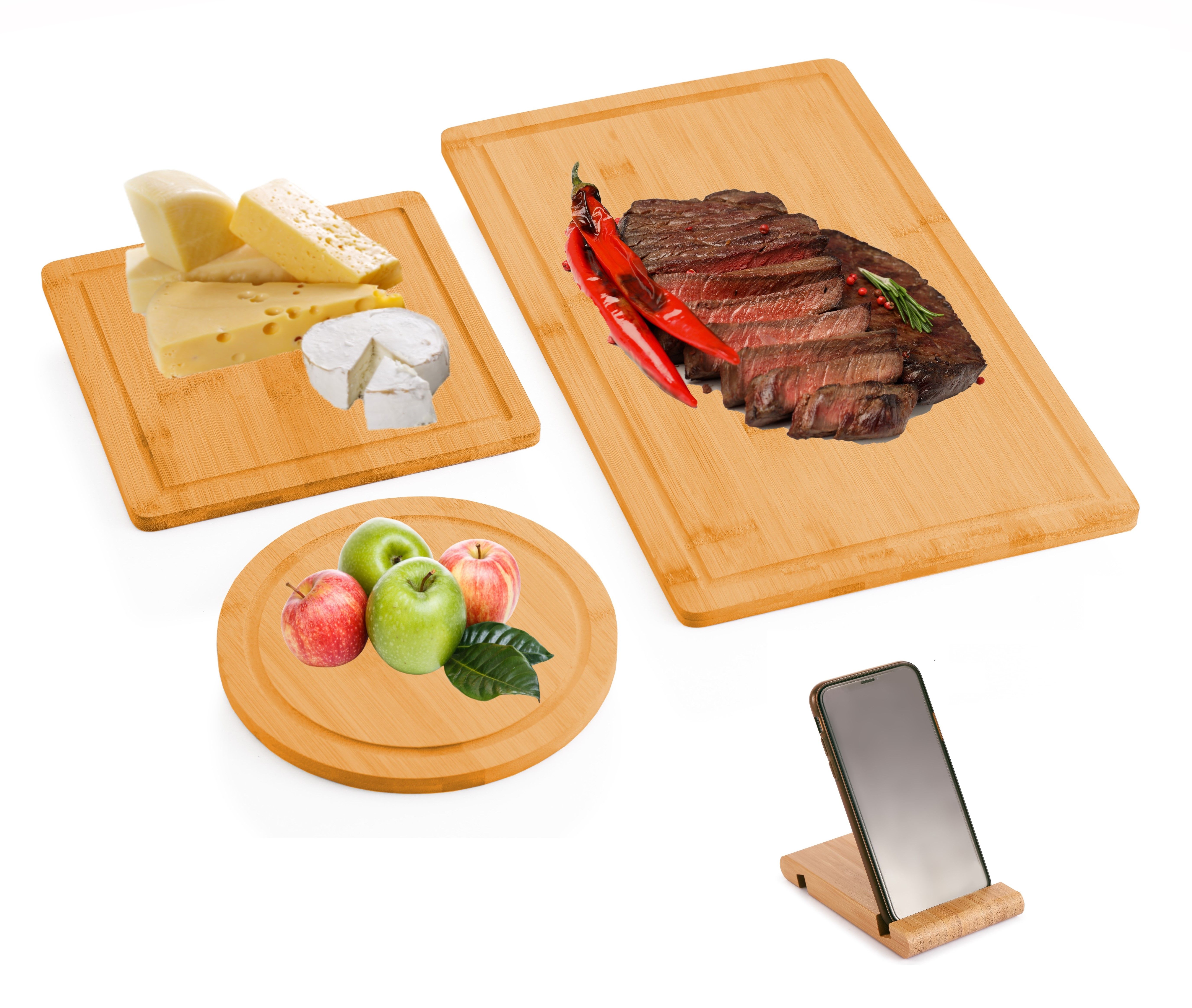 3 Pieces Bamboo Cutting Board with Juice Groove and Mobile Holder included for