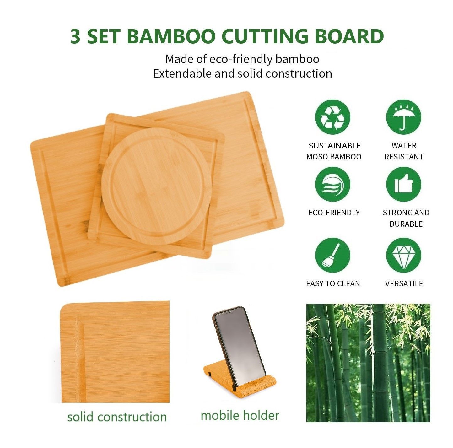 3 Pieces Bamboo Cutting Board with Juice Groove and Mobile Holder included for view 8