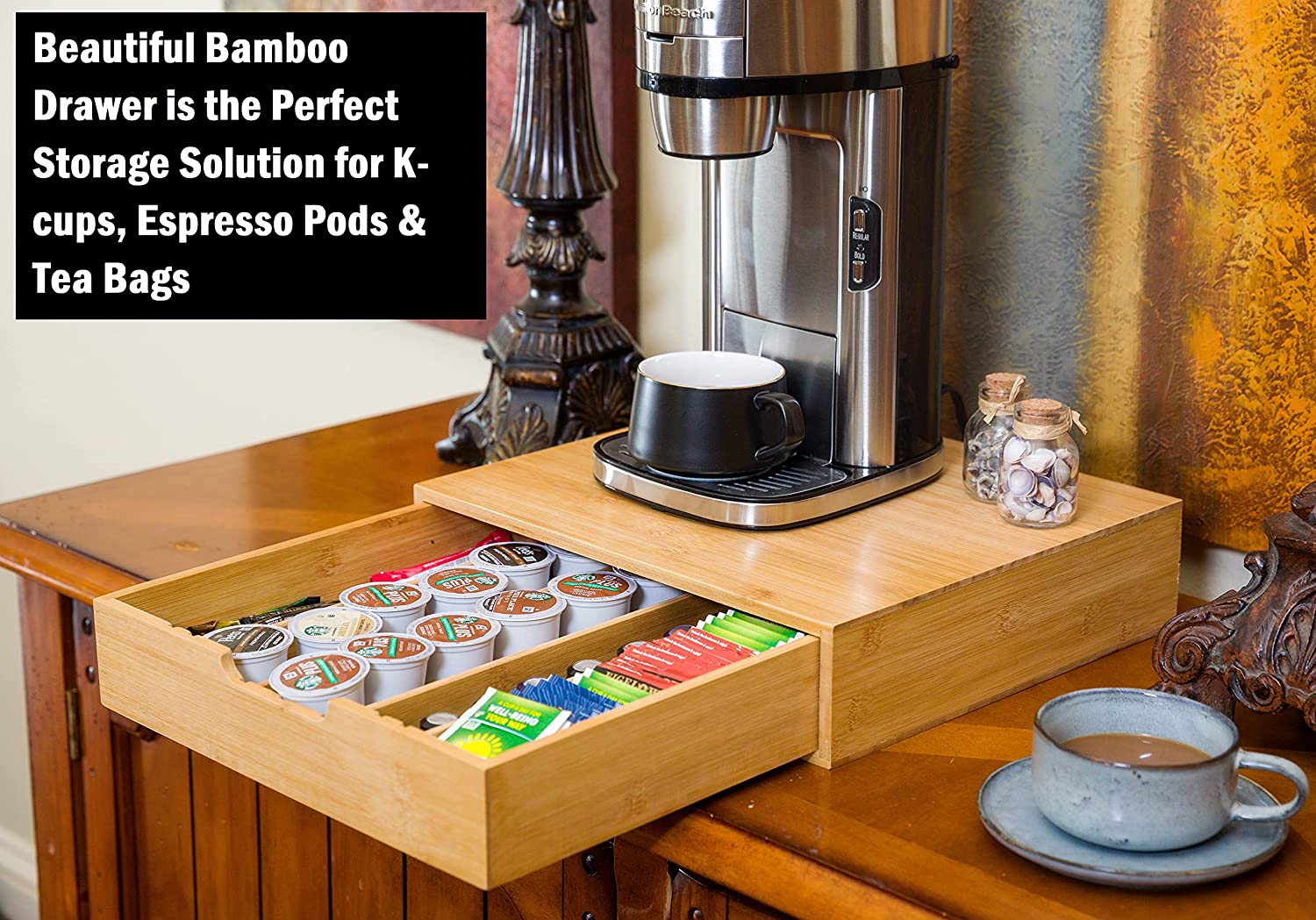 Bamboo K-Cup Coffee Pod Holder Storage Organizer for Kitchen, Jewelry and Cosmetic view 3