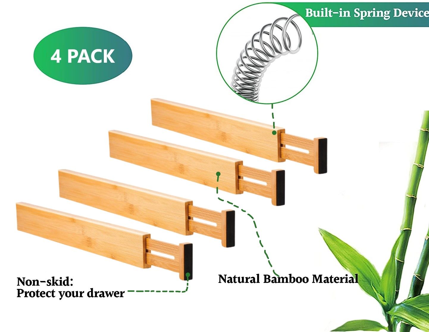 4 Pack Bamboo Adjustable Kitchen Drawer Dividers (Large, 44-55 cm) view 4