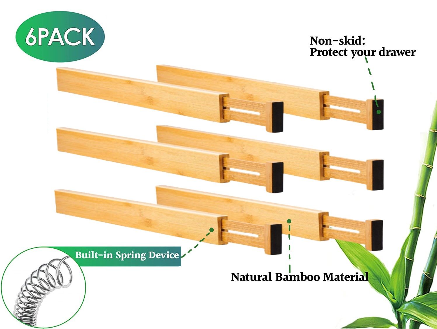 6 Pack Bamboo Adjustable Kitchen Drawer Dividers (Large, 44-55 cm) view 4