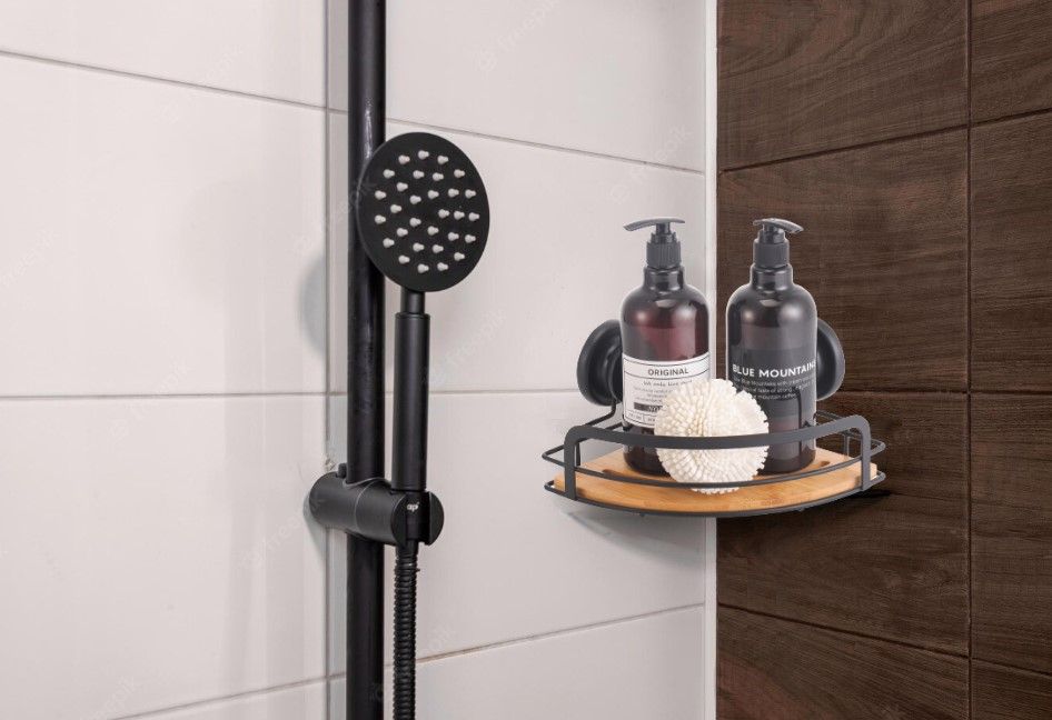 2 Pack Round Bamboo Corner Shower Caddy Shelf Basket Rack with Premium Vacuum view 2