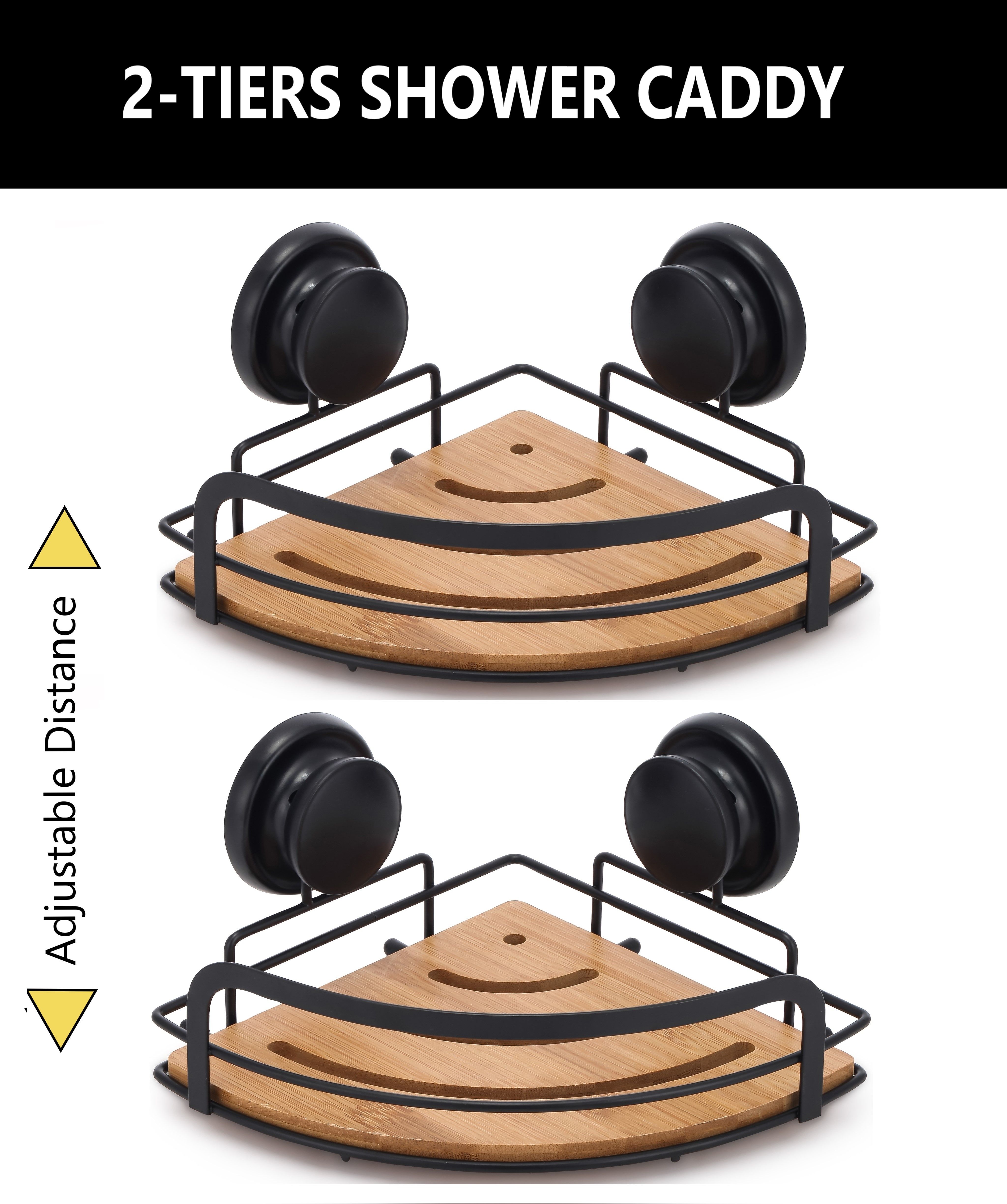 2 Pack Round Bamboo Corner Shower Caddy Shelf Basket Rack with Premium Vacuum view 3