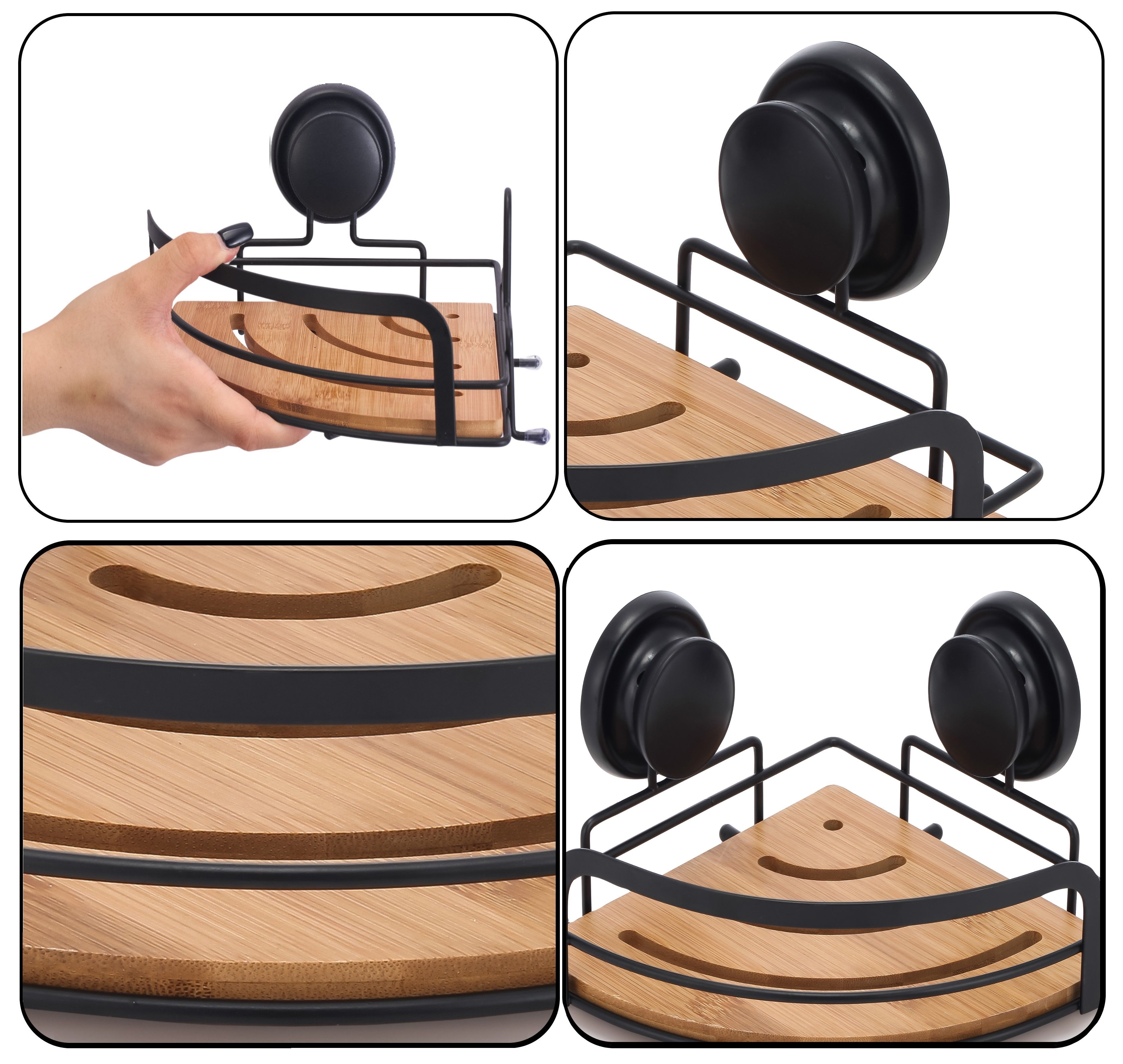 2 Pack Round Bamboo Corner Shower Caddy Shelf Basket Rack with Premium Vacuum view 6